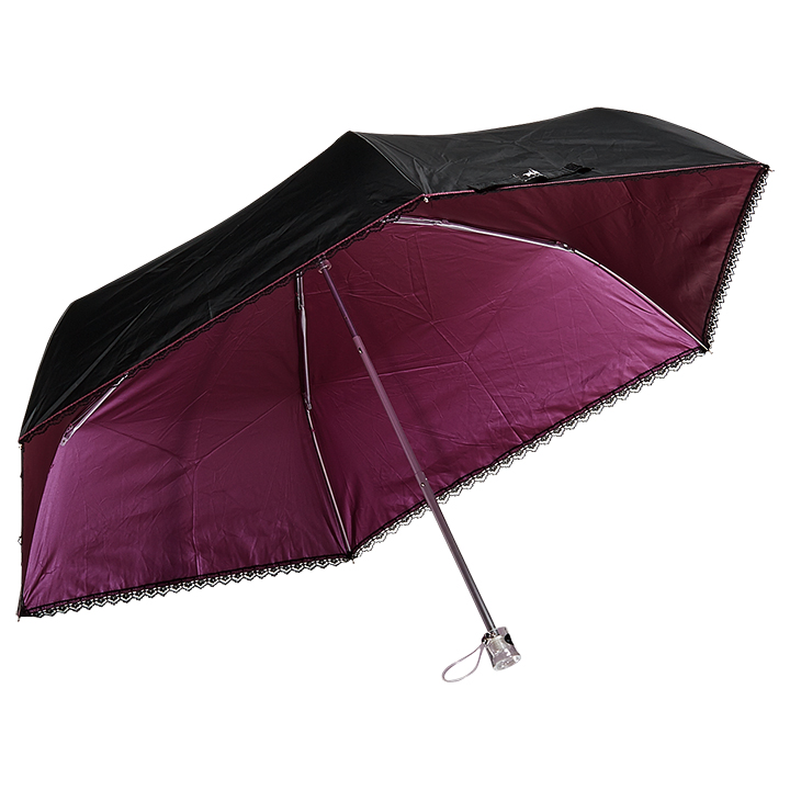 レディース折りたたみ傘 レース付カラーコーティング 55cm三つ折, 遮光遮熱 晴雨兼用傘 軽量185g
